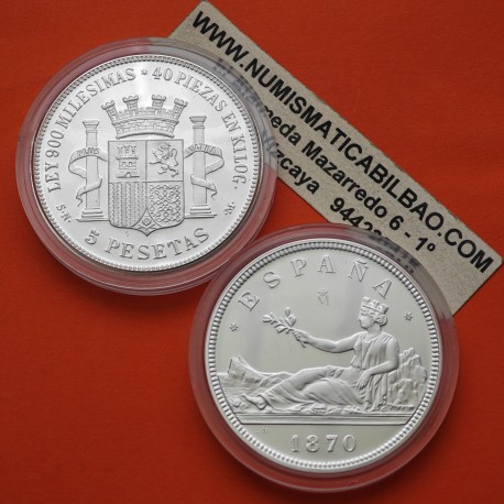 1,30 ONZAS x MEDALLA FNMT HISTORIA DE LA PESETA ESPAÑA 5 PESETAS 1870 DAMA GOBIERNO PROVISIONAL PLATA 44 gramos 925 milésimas