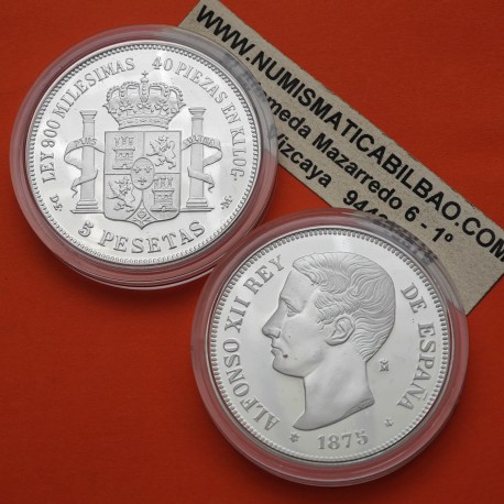 1,30 ONZAS x MEDALLA FNMT HISTORIA DE LA PESETA ESPAÑA 5 PESETAS 1875 * 18/75 DEM ALFONSO XI PLATA 44 gramos 925 milésimas