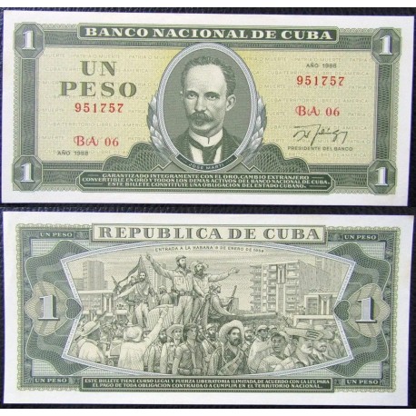 CUBA 1 PESO 1988 JOSE MARTI y FIDEL CASTRO ENTRANDO EN LA HABANA Pick 102B BILLETE SC UNC BANKNOTE