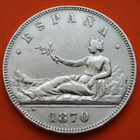 ESPAÑA 5 PESETAS 1870 * 18 70 SNM GOBIERNO PROVISIONAL DAMA SENTADA KM.655 MONEDA DE PLATA (DURO) Spain silver R/4