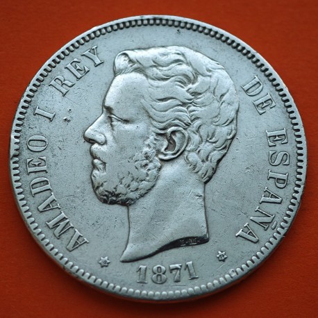 ESPAÑA 5 PESETAS 1871 * 18 74 DEM REY AMADEO I DE SABOYA y ESCUDO KM.666 MONEDA DE PLATA (DURO) Spain silver R/4