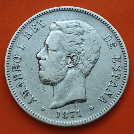 ESPAÑA 5 PESETAS 1871 * 18 75 DEM REY AMADEO I DE SABOYA y ESCUDO KM.666 MONEDA DE PLATA (DURO) Spain silver R/2