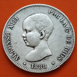 ESPAÑA 5 PESETAS 1888 * 18 88 MPM REY ALFONSO XIII KM.689 MONEDA DE PLATA (DURO) Spain silver R/3