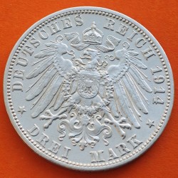 . @PRECIOSA@ REINO DE WUERTTEMBERG Alemania 3 MARCOS 1914 F WILHELM II KM.635 MONEDA DE PLATA Germany Deutsches Reich DREI MARK