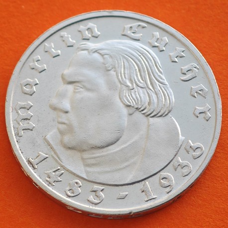 . @ESPECTACULAR@ ALEMANIA 2 MARCOS 1933 D MARTIN LUTHER KM.79 III REICH NAZI @RARA@ MONEDA DE PLATA 2 Reichsmark silver