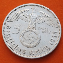. @PRECIOSA@ ALEMANIA 5 MARCOS 1938 A AGUILA y ESVASTICA NAZI III REICH KM.94 MONEDA DE PLATA @LUJO@ Germany 5 Reichsmark