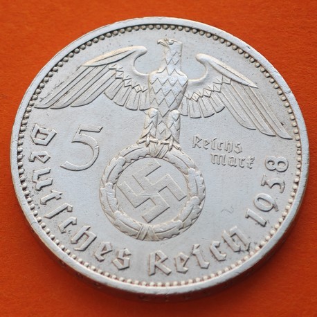 . @PRECIOSA@ ALEMANIA 5 MARCOS 1938 A AGUILA y ESVASTICA NAZI III REICH KM.94 MONEDA DE PLATA @LUJO@ Germany 5 Reichsmark