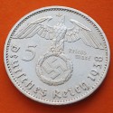 . @PRECIOSA@ ALEMANIA 5 MARCOS 1938 A AGUILA y ESVASTICA NAZI III REICH KM.94 MONEDA DE PLATA @LUJO@ Germany 5 Reichsmark