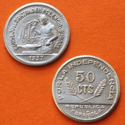 . 1 Moneda @LUJO@ x SANTANDER PALENCIA y BURGOS 50 CENTIMOS 1937 TRABAJADOR NICKEL España GUERRA CIVIL Ref/5