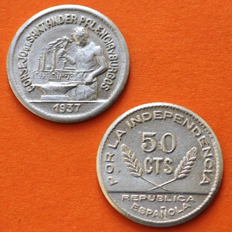. 1 Moneda @LUJO@ x SANTANDER PALENCIA y BURGOS 50 CENTIMOS 1937 TRABAJADOR NICKEL España GUERRA CIVIL Ref/5