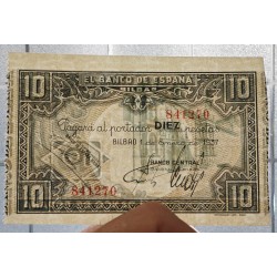 . @LUJO - RARA ANTEFIRMA@ BILBAO 10 PESETAS 1937 BANCO CENTRAL Sin Serie 841270 Pick S.560 BILLETE SC Guerra Civil Euskadi