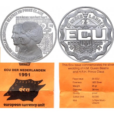 . 0,74 ONZAS + ESTUCHE + CERTIFICADO x Holanda 25 ECU 1991 REINA BEATRIZ y CLAUS MEDALLA MONEDA DE PLATA The Netherlands