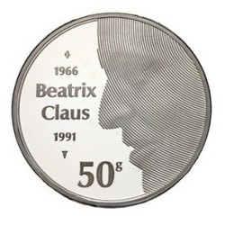 . 0,74 ONZAS x HOLANDA 50 GULDEN 1991 REINA BEATRIZ & CLAUS BODAS DE PLATA KM.215 MONEDA PROOF ESTUCHE The Netherlands