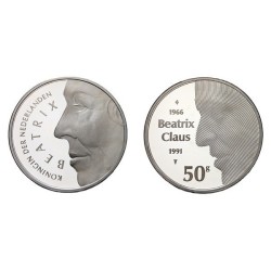 . 0,74 ONZAS x HOLANDA 50 GULDEN 1991 REINA BEATRIZ & CLAUS BODAS DE PLATA KM.215 MONEDA PROOF ESTUCHE The Netherlands