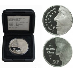 . 0,74 ONZAS x HOLANDA 50 GULDEN 1991 REINA BEATRIZ & CLAUS BODAS DE PLATA KM.215 MONEDA PROOF ESTUCHE The Netherlands