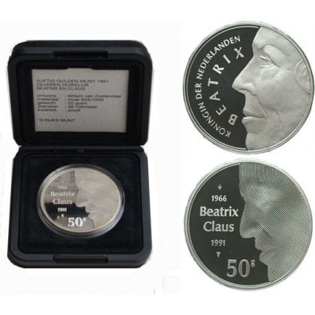 . 0,74 ONZAS x HOLANDA 50 GULDEN 1991 REINA BEATRIZ & CLAUS BODAS DE PLATA KM.215 MONEDA PROOF ESTUCHE The Netherlands