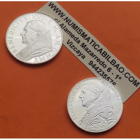 2 monedas @RARAS@ x VATICANO 5 EUROS + 10 EUROS 2005 PAPA BENEDICTO XVI EUCARISTIA FIN DE LA 2º GUERRA MUNDIAL PLATA PROOF