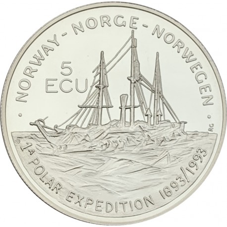 NORUEGA 5 ECU 1993 BARCO EN LA 1ª EXPEDICIÓN AL CIRCULO POLAR ARTICO KM.X.11 MONEDA DE NICKEL SC- Norway