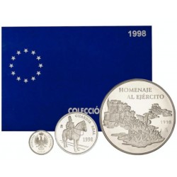 . 3 monedas x ESPAÑA 1 EURO 1998 + 5 EUROS 1998 + 25 EUROS 1998 HOMENAJE AL EJERCITO ESPAÑOL PLATA ESTUCHE FNMT 6,20 ONZAS