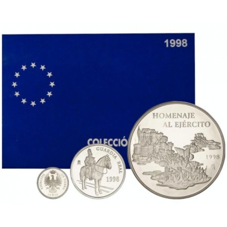 . 3 monedas x ESPAÑA 1 EURO 1998 + 5 EUROS 1998 + 25 EUROS 1998 HOMENAJE AL EJERCITO ESPAÑOL PLATA ESTUCHE FNMT 6,20 ONZAS
