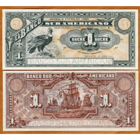 . @RARO@ ECUADOR 1 SUCRE 1920 CONDOR y GALEÓN BANCO SUR AMERICANO Pick S.251 BILLETE SC