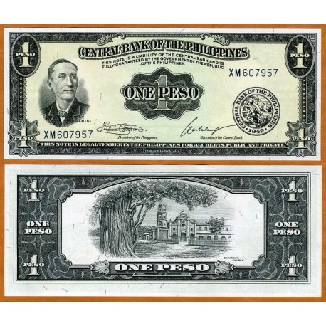 FILIPINAS 1 PESO 1949 MABINI e IGLESIA BARASOAIN Pick 133D BILLETE SC Philippines UNC BANKNOTE