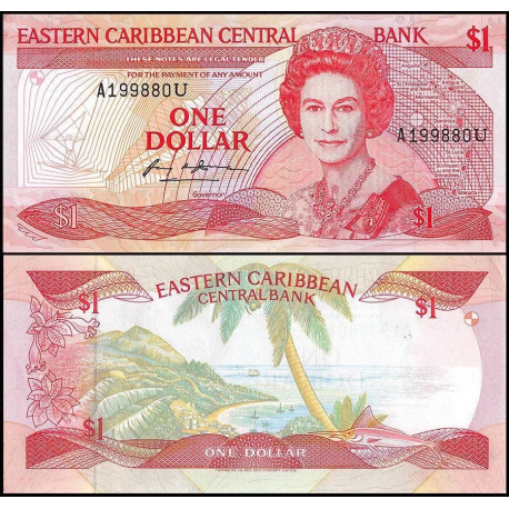 . @RARO@ ANGUILLA - Estados del Caribe Oriental 1 DOLAR 1988 ISABEL II e ISLA Pick 21U BILLETE SC EAST CARIBBEAN STATES