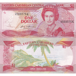 . @RARO@ SAINT KITTS & NEVIS - Estados del Caribe Oriental 1 DOLAR 1988 ISABEL II e ISLA Pick 21K BILLETE SC