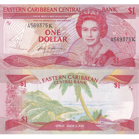 . @RARO@ SAINT KITTS & NEVIS - Estados del Caribe Oriental 1 DOLAR 1988 ISABEL II e ISLA Pick 21K BILLETE SC