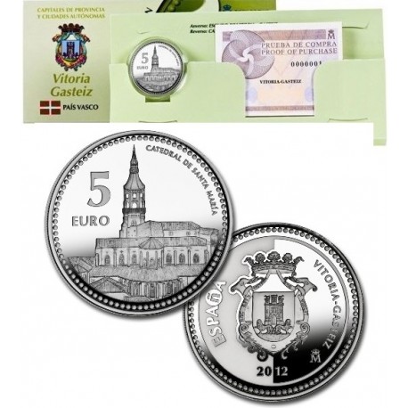 ESPAÑA 5 EUROS 2012 Ciudad de VITORIA - CATEDRAL DE SANTA MARIA MONEDA DE PLATA ESTUCHE FNMT CAPSULA