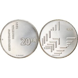 . @ESCASA@ SUIZA 20 FRANCOS 1991 CONFEDERACION HELVETICA 700 ANIVERSARIO KM.70 MONEDA DE PLATA SC Switzerland