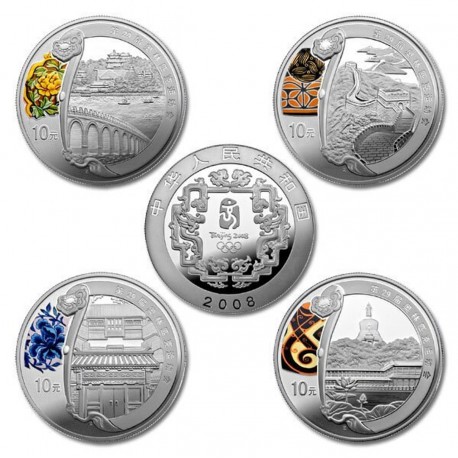 . 4 monedas x CHINA 10 YUAN 2008 OLIMPIADA DE BEIJING 2ª Serie COLOR y PLATA 1 ONZA Oz OUNCE silver coin