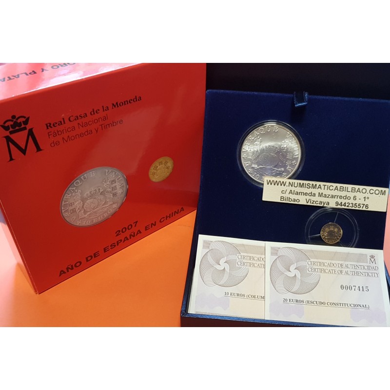 2 monedas x ESPAÑA 10 EUROS 2007 PLATA + 20 EUROS 2007 ORO COLUMNARIO AÑO EN CHINA PLATA ESTUCHE FNMT