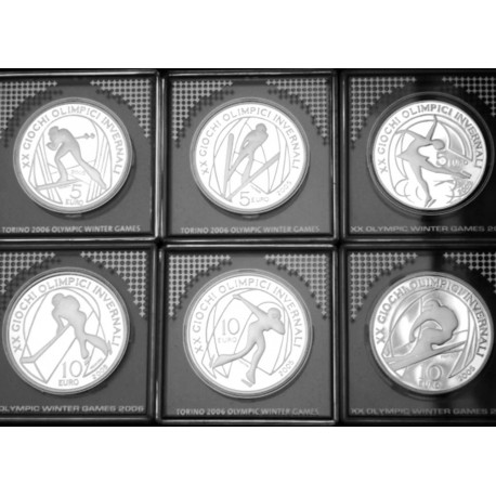 . @3,57 ONZAS - 6 monedas@ ITALIA 5 EUROS + 10 EUROS 2005 OLIMPIADA DE INVIERNO TORINO 2006 PLATA PROOF