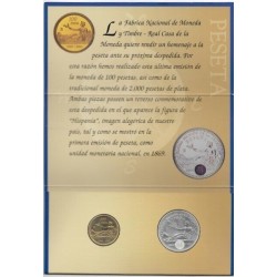 ESPAÑA CARTERA FNMT 2000 PESETAS 2001 + 100 PESETAS ULTIMA EMISION DE LA PESETA MONEDA DE PLATA SC ESTUCHE OFICIAL FNMT
