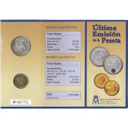 . @ULTIMA EMISIÓN DE LA PESETA@ ESPAÑA CARTERA FNMT 2000 PESETAS 2001 PLATA + 100 PESETAS 2001 Latón DAMA Estuche Oficial