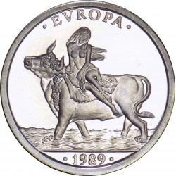 . @1/5 de ONZA@ ESPAÑA 1 ECU 1989 EUROPA RAPTADA POR ZEUS MONEDA DE PLATA NO ESTUCHE FNMT