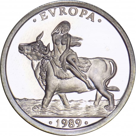 . @1/5 de ONZA@ ESPAÑA 1 ECU 1989 EUROPA RAPTADA POR ZEUS MONEDA DE PLATA NO ESTUCHE FNMT