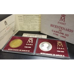 @0,80 ONZAS@ ESPAÑA 2 medallas FNMT 1988 BICENTENARIO DE CARLOS III PLATA LATON 2000 Pesetas ESTUCHE CERTIFICADO