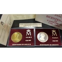 @0,80 ONZAS@ ESPAÑA 2 medallas FNMT 1988 BICENTENARIO DE CARLOS III PLATA LATON 2000 Pesetas ESTUCHE CERTIFICADO