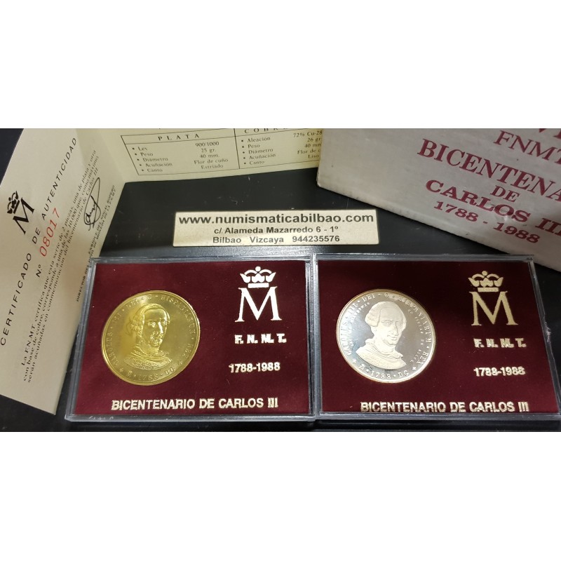 @0,80 ONZAS@ ESPAÑA 2 medallas FNMT 1988 BICENTENARIO DE CARLOS III PLATA LATON 2000 Pesetas ESTUCHE CERTIFICADO