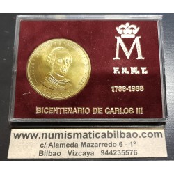 @0,80 ONZAS@ ESPAÑA 2 medallas FNMT 1988 BICENTENARIO DE CARLOS III PLATA LATON 2000 Pesetas ESTUCHE CERTIFICADO