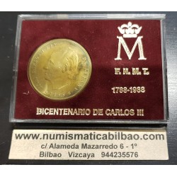 @0,80 ONZAS@ ESPAÑA 2 medallas FNMT 1988 BICENTENARIO DE CARLOS III PLATA LATON 2000 Pesetas ESTUCHE CERTIFICADO