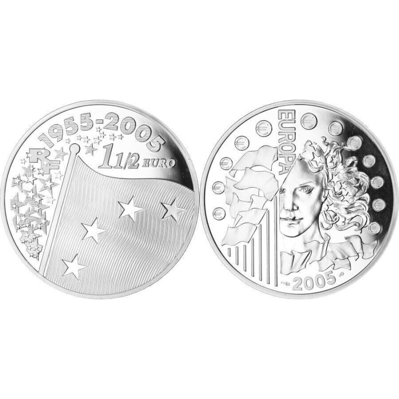 FRANCIA 1,50 EUROS 2005 1955 EUROPA - INTRODUCCIÓN AL EURO MONEDA DE PLATA PROOF France 0,65 ONZAS