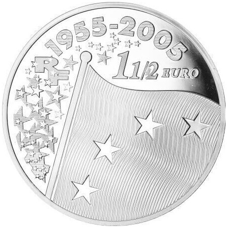 FRANCIA 1,50 EUROS 2005 1955 EUROPA - INTRODUCCIÓN AL EURO MONEDA DE PLATA PROOF France 0,65 ONZAS