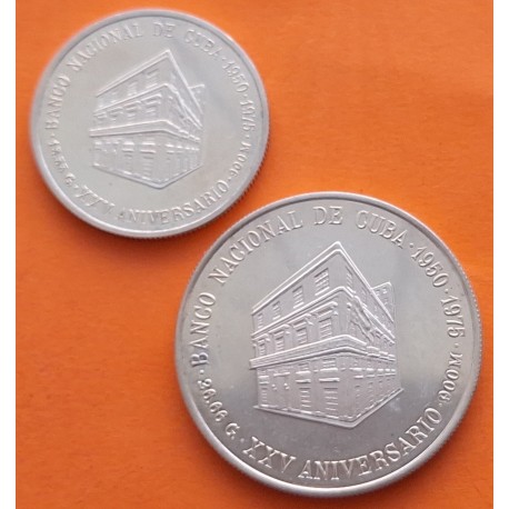 . 2 monedas PROOF + IMPERFECCIONES x CUBA 5 PESOS 1975 + 10 PESOS 1975 BANCO NACIONAL KM.36+37 PLATA R/3 Caribe 1,28 ONZAS