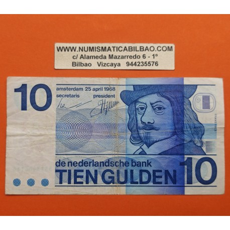 HOLANDA 10 GULDEN 1968 FRANS HALS Color Azul Pick 91B BILLETE CIRCULADO The Netherlands Pays Bas Tien Gulden