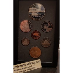 CANADA 1995 PRESTIGE SET 1+5+10+25+50 Centavos + 1 Dolar GANSO Latón + 1 DOLAR 1995 BARCO BAHÍA de HUDSON PLATA 7 monedas