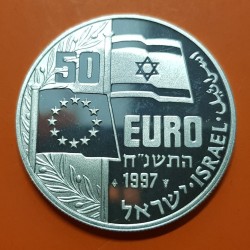 ISRAEL 50 EUROS 1997 ISAAC RABIN EX PRIMER MINISTRO BANDERAS y CORONA DE LAUREL KM.X.22 MONEDA DE PLATA PROOF silver