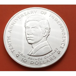 . Tirada 3.000 FIJI 10 DOLARES 1980 PRINCIPE CARLOS 10 AÑOS DE INDEPENDENCIA KM.46 MONEDA DE PLATA SC Fidji 0,91 ONZAS